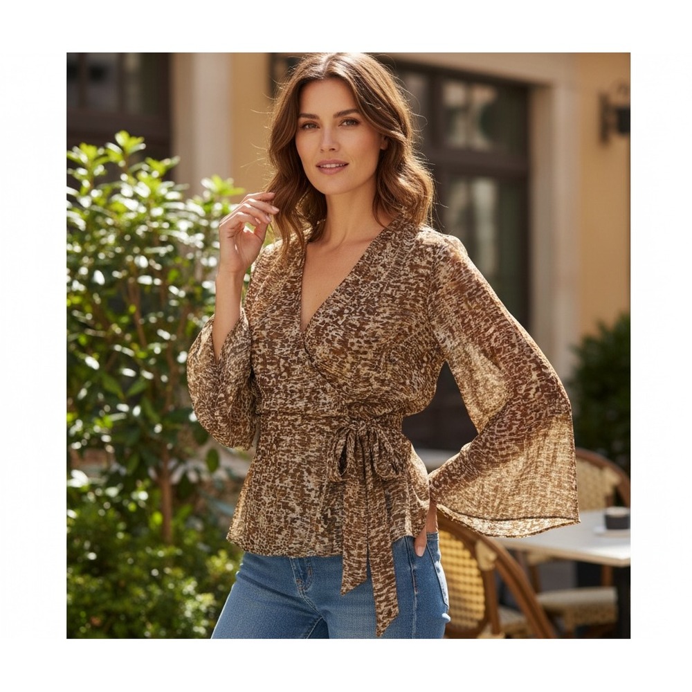 Zoey Beth Chiffon Surplice Wrap Blouse Angel Flare Sleeve Size L #220B
